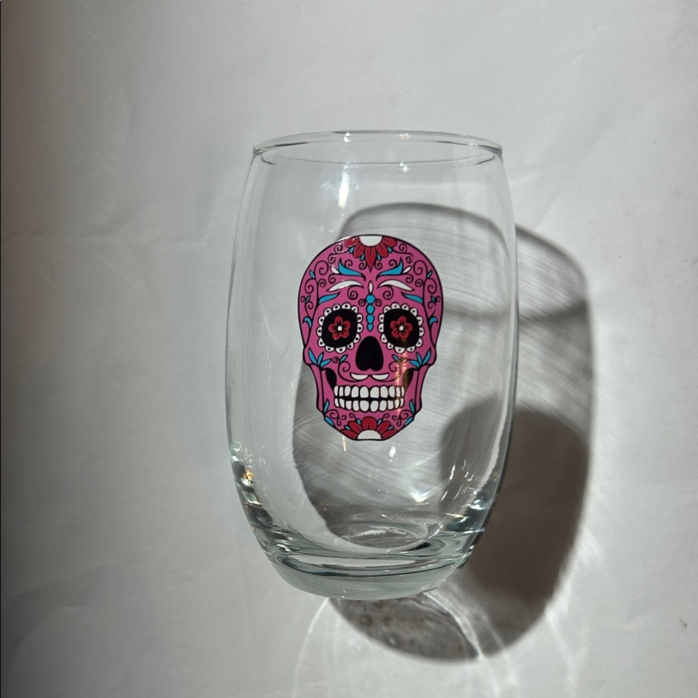 Sugar Skull Stemless Wine Glass - Pink & Teal Skull - Picture 4 of 4